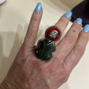 If you like big!!  Sterling silver ring with jade frog, and red coral.